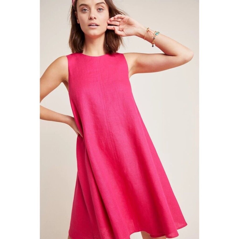 NWT!! Anthropologie MAEVE Melbourne Swing Dress Pink Linen A-Line Barbie Small